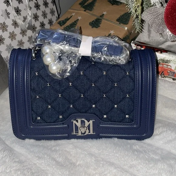 Quilted denim silver hardware Pearl detail vegan leather Crossbody bag NWT